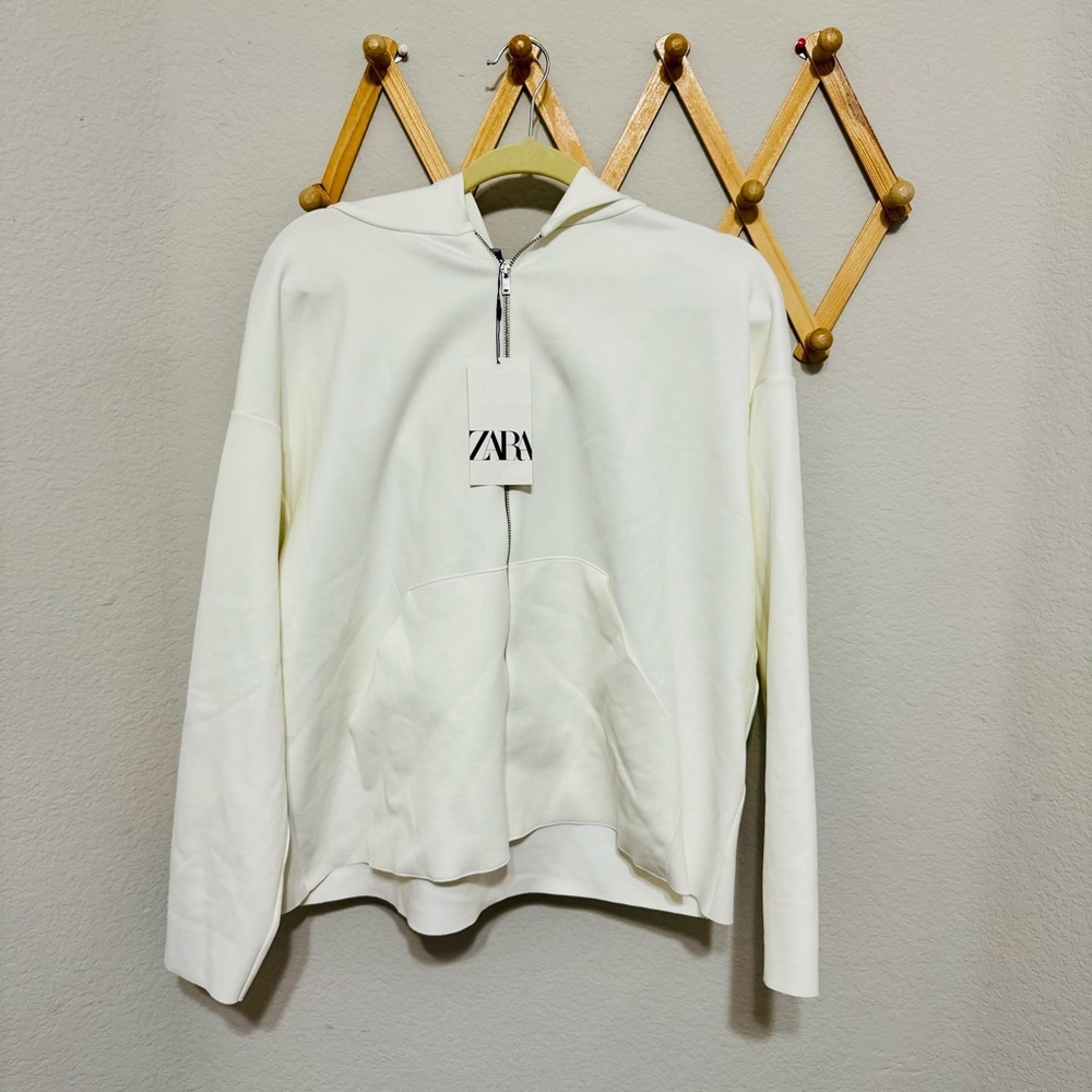 NWT! Zara White Viscose Blend Zip Up Oversized Hoodie Size S